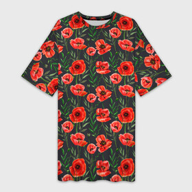 Платье-футболка 3D с принтом Красные маки на черном фоне в Белгороде,  |  | greensoul | poppies | poppy | red flowers | red poppies | красные маки | красные цветы | красный мак | мак | маки | растительный | цветочный | цветы