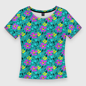 Женская футболка 3D Slim с принтом Яркий цветочный узор на бирюзовом фоне в Белгороде,  |  | бирюзовый | детский принт | летний узор | розовые цветы | цветочный узор | цветы | яркий розовый