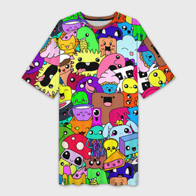 Платье-футболка 3D с принтом Монстрики Nastiprazdnik в Белгороде,  |  | donuts | lollipop | milkshake | worm | динозавр | дудл | капкейк | коала | кот | кролик | лапша | медуза | монстр | мороженка | мультяшки | мухомор | облако | панда | пончик | попкорн | радуга | слоник | суши | червяк