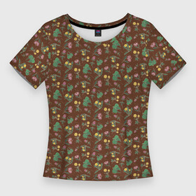 Женская футболка 3D Slim с принтом Цветы невероятной красоты на коричневом фоне в Белгороде,  |  | flor | floral | flower | herbal | клевер | лето | лютик | одуванчик | подорожник | поле | ромашки | цветочки | цветы