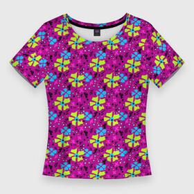Женская футболка 3D Slim с принтом Цветочный узор на малиновом фоне в Белгороде,  |  | floral pattern | flowers | neon | желтые цветы | малиновый | цветочный узор | цветы | яркий узор