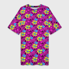 Платье-футболка 3D с принтом Цветочный узор на малиновом фоне в Белгороде,  |  | floral pattern | flowers | neon | желтые цветы | малиновый | цветочный узор | цветы | яркий узор