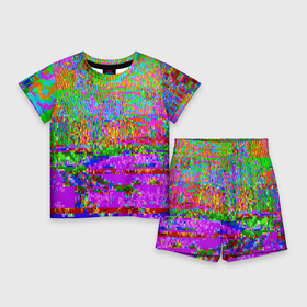 Детский костюм с шортами 3D с принтом Пиксельный глитч арт паттерн в Белгороде,  |  | abstraction | art | glitch | neon | pattern | pixel | абстракция | арт | глитч | неон | паттерн | пиксель