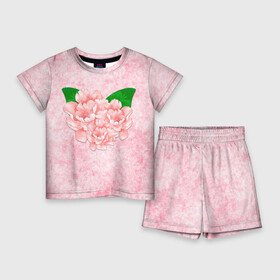 Детский костюм с шортами 3D с принтом Цветы гранж в Белгороде,  |  | Тематика изображения на принте: акварельные цветы | гранж | розовые цветы | розовый гранж | цветы