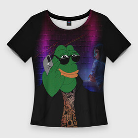 Женская футболка 3D Slim с принтом Pepe Frog в клубе в Белгороде,  |  | girl | lighting | phone | smile | девушка | освещение | очки | телефон | улыбка