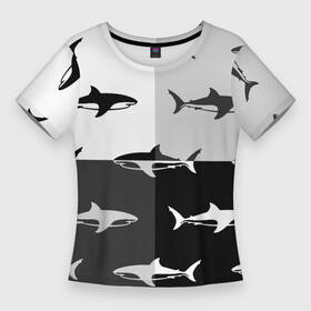 Женская футболка 3D Slim с принтом Стая акул  pattern в Белгороде,  |  | fin | pack | pattern | shark | tail | акула | паттерн | плавник | стая | хвост