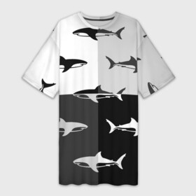 Платье-футболка 3D с принтом Стая акул  pattern в Белгороде,  |  | fin | pack | pattern | shark | tail | акула | паттерн | плавник | стая | хвост