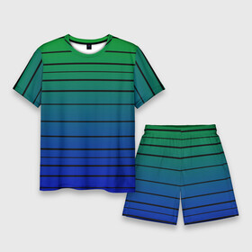 Мужской костюм с шортами 3D с принтом Черные полосы на синем, зеленом градиенте в Белгороде,  |  | black stripes | blue | gradient | green | horizontal | lines | minimalism | ombre | simple | striped | stripes | горизонталь | градиент | зеленый | линии | минимализм | омбре | полосатый | полосы | простой | синий | черные полосы