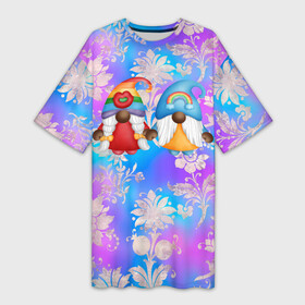 Платье-футболка 3D с принтом Два гномика в цветах в Белгороде,  |  | гном | гномики | любовь | радуга | радужные | цветы