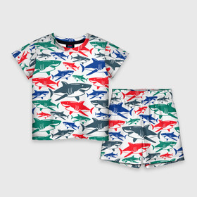 Детский костюм с шортами 3D с принтом Стая разноцветных акул  паттерн в Белгороде,  |  | color | fin | jaw | pack | pattern | shark | summer | tail | teeth | акула | зубы | лето | пасть | паттерн | плавник | стая | хвост | цвет