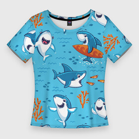 Женская футболка 3D Slim с принтом Прикольные акулята  паттерн в Белгороде,  |  | coral | eyes | fin | fish | jaw | ocean | sea | shark | smile | summer | teeth | акула | глаза | зубы | коралл | лето | море | океан | пасть | плавник | рыба | улыбка