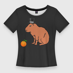 Женская футболка 3D Slim с принтом Капибара в цилиндре в Белгороде,  |  | capybara | апельсин около капибары | капибара в шляпе | капибара мем | капибара с апельсином | морская свинка | покерфейс капибара | цилиндр