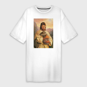 Платье-футболка хлопок с принтом Иисус и капибара в Белгороде,  |  | Тематика изображения на принте: capybara | животные | звери | иисус | капибара | мем