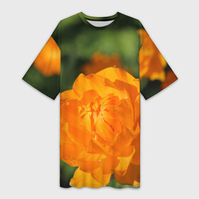 Платье-футболка 3D с принтом Оранжевый сад в Белгороде,  |  | бубенчик | бубенчики | дача | красота | лепесток | лето | огород | оранжевый | природа | растение | сад | участок | фазенда | цветение | цветовод | цветоводство | цветок | цветы