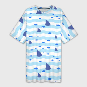 Платье-футболка 3D с принтом Волны, рыбки и плавники акул  паттерн в Белгороде,  |  | fin | fish | pattern | shark | wave | акула | волна | паттерн | плавник | рыба