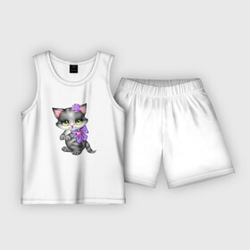 Детская пижама с шортами хлопок с принтом Серая кошечка с фиолетовым бантиком в Белгороде,  |  | кот | котенок | котик | кошечка | кошка
