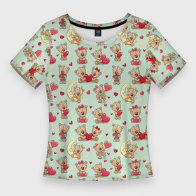 Женская футболка 3D Slim с принтом мишки с сердечками и с месяцем в Белгороде,  |  | медведи | медведь | медвежата | мишка | мишки | паттерн
