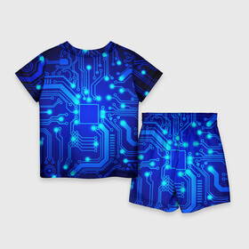 Детский костюм с шортами 3D с принтом Цветная микросхема в Белгороде,  |  | beautiful | blue | chip | color | luminous board | neon | wiring diagram | красивый | неон | светящаяся плата | синий | цветной | чип | электросхема