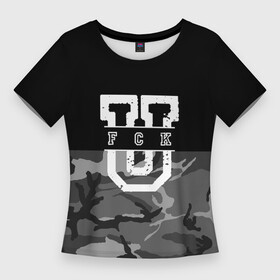 Женская футболка 3D Slim с принтом FCK gray military в Белгороде,  |  | camouflage | censored | dark | fck | gray | military | phrase | text | аббревиатура | буквы | военный | камуфляж | латиница | мат | надпись | серый | слово | текст | темный | фраза