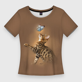 Женская футболка 3D Slim с принтом Бенгал котенок в Белгороде,  |  | bengal cat | бабочка | бенгал | бенгальская кошка | бенгальский кот | бенгальский котенок | порода бенгал | снежный бенгал