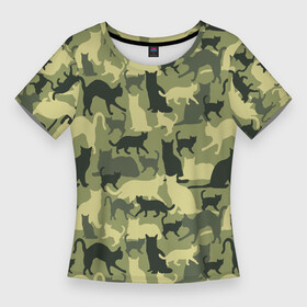 Женская футболка 3D Slim с принтом Кошачий камуфляж в зеленой гамме в Белгороде,  |  | camouflage | камуфляж | коты | маскировка | паттерн