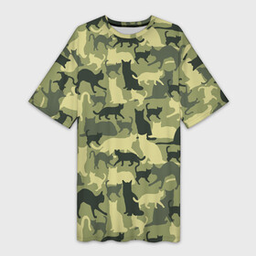 Платье-футболка 3D с принтом Кошачий камуфляж в зеленой гамме в Белгороде,  |  | camouflage | камуфляж | коты | маскировка | паттерн