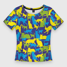 Женская футболка 3D Slim с принтом Синий кошачий камуфляж в Белгороде,  |  | животное | камуфляж | коты | кошки | паттерн