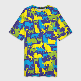 Платье-футболка 3D с принтом Синий кошачий камуфляж в Белгороде,  |  | животное | камуфляж | коты | кошки | паттерн