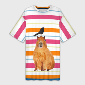 Платье-футболка 3D с принтом Капибара с птичкой в Белгороде,  |  | capybara | водосвинка | животное | капибара | птица