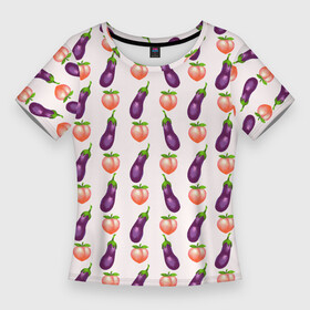 Женская футболка 3D Slim с принтом Баклажаны и персики паттерн в Белгороде,  |  | баклажан | баклажаны | веганство | еда | овощи | паттерн | персик | персики | фрукты