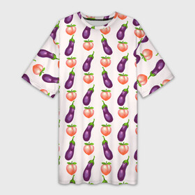 Платье-футболка 3D с принтом Баклажаны и персики паттерн в Белгороде,  |  | Тематика изображения на принте: баклажан | баклажаны | веганство | еда | овощи | паттерн | персик | персики | фрукты