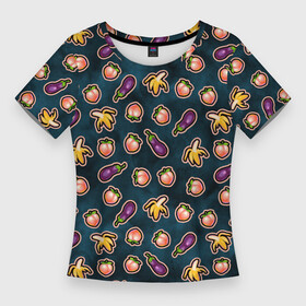 Женская футболка 3D Slim с принтом Баклажаны персики бананы паттерн в Белгороде,  |  | баклажан | баклажаны | банан | бананы | веганство | еда | овощи | паттерн | персик | персики | фрукты