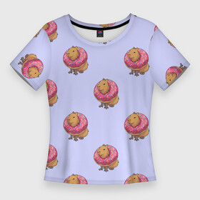 Женская футболка 3D Slim с принтом Капибара в пончике паттерн в Белгороде,  |  | Тематика изображения на принте: capybara | kapibara | животное | капибара | пончик | пончики
