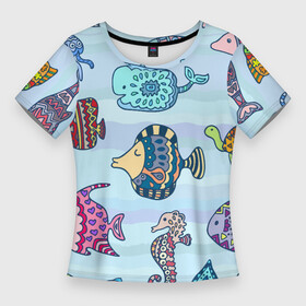 Женская футболка 3D Slim с принтом Кит, черепаха, акула и другие обитатели океана в Белгороде,  |  | fish | jellyfish | seahorse | shark | shell | turtle | whale | акула | кит | медуза | морской конёк | ракушка | рыба | черепаха