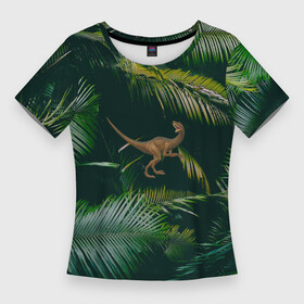 Женская футболка 3D Slim с принтом Динозавр в зарослях джунглей в Белгороде,  |  | велоцираптор | джунгли | динозавр | животные | природа | ящер