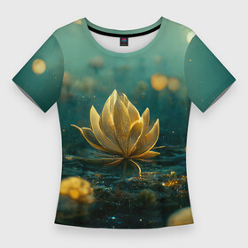 Женская футболка 3D Slim с принтом Золотой лотос в Белгороде,  |  | dark | evening | flowers | golden | lake | lotus | mysterious | nature | night | petals | twinkles | water | вечер | вода | загадочный | золото | лепестки | лотос | ночь | огоньки | озеро | природа | темный | цветы