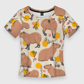 Женская футболка 3D Slim с принтом Милая капибару паттерн в Белгороде,  |  | capybara | patern | pattern | водосвинка | грызун | грызуны | капибара | капибары | патерн | паттерн