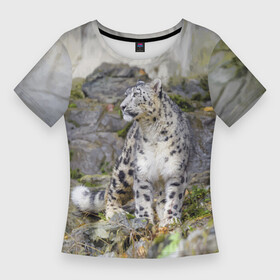Женская футболка 3D Slim с принтом Снежный барс среди скал в Белгороде,  |  | Тематика изображения на принте: mountains | muzzle | nature | paws | rocks | snow leopard | tail | барс | горы | камни | лапы | природа | скалы | хвост