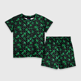 Детский костюм с шортами 3D с принтом Геометрический узор, зеленые фигуры на черном в Белгороде,  |  | Тематика изображения на принте: abstract | black | geometric | geometric pattern | green | green and black | polygons | shapes | striped | stripes | абстрактный | геометрический | геометрический узор | зеленый | зеленый и черный | многоугольники | полосатый | полосы | фигуры