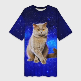 Платье-футболка 3D с принтом Британский кот на фоне звёздного неба в Белгороде,  |  | british | cat | cats | kitty | британская | британские | британский | кот | котёнок | котик | котята | кошечка | кошка
