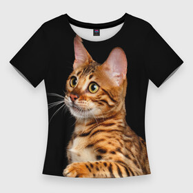 Женская футболка 3D Slim с принтом Бенгальский котёнок на чёрном фоне в Белгороде,  |  | bengal | cat | cats | kitty | бенгал | бенгальская | бенгальская кошка | бенгальские | бенгальский | кот | котёнок | котята | кошка | леопард | леопардовая | леопардовый