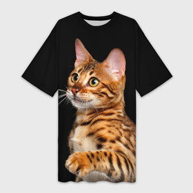 Платье-футболка 3D с принтом Бенгальский котёнок на чёрном фоне в Белгороде,  |  | bengal | cat | cats | kitty | бенгал | бенгальская | бенгальская кошка | бенгальские | бенгальский | кот | котёнок | котята | кошка | леопард | леопардовая | леопардовый