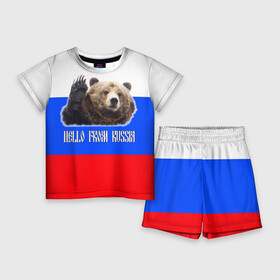 Детский костюм с шортами 3D с принтом Привет из России  медведь и триколор в Белгороде,  |  | hello from russia | медведь | мишка | патриот | привет | привет из россии | россия | триколор