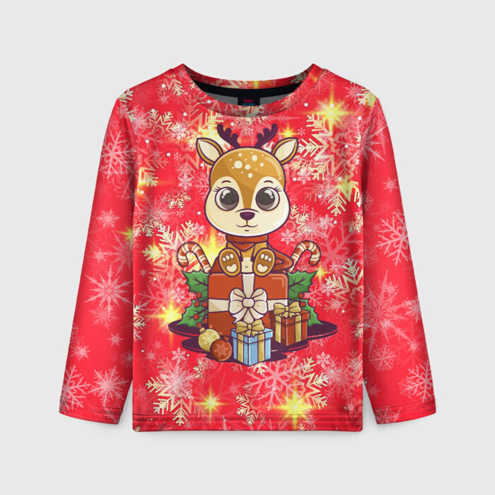 Детский лонгслив 3D НОВОГОДНИЙ ОЛЕНЬ фото